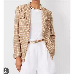 Ann Taylor Blazer Womens 2 Beige White Checked Tweed Fringe Trim Pockets Jacket